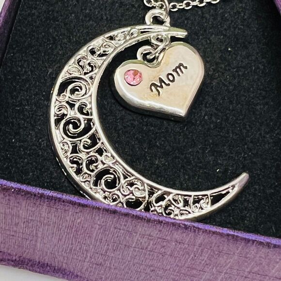 MOM Filigree Crescent Moon Necklace Mother Birthday Mothersday Gift Silver Pink - Picture 3 of 8